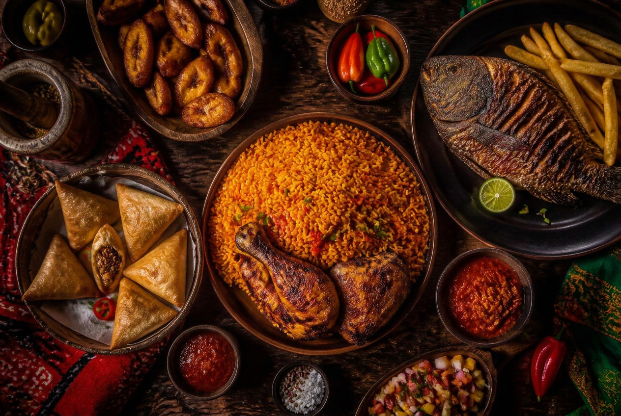 Jollof rice, stekt plantain, samosa og tilapia servert på trebord
